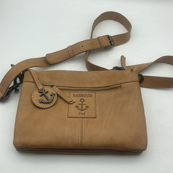 Harbour 2nd Evita Leather Crossbody Bag Camel Triple Compartments Purse - Picture 1 of 11